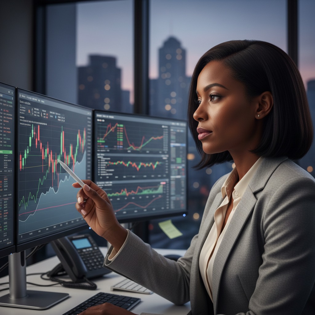 A Black businesswoman in a gray blazer sits at a desk, pointing a stylus at financial charts displayed on multiple computer monitors in a modern office overlooking a city at dusk.