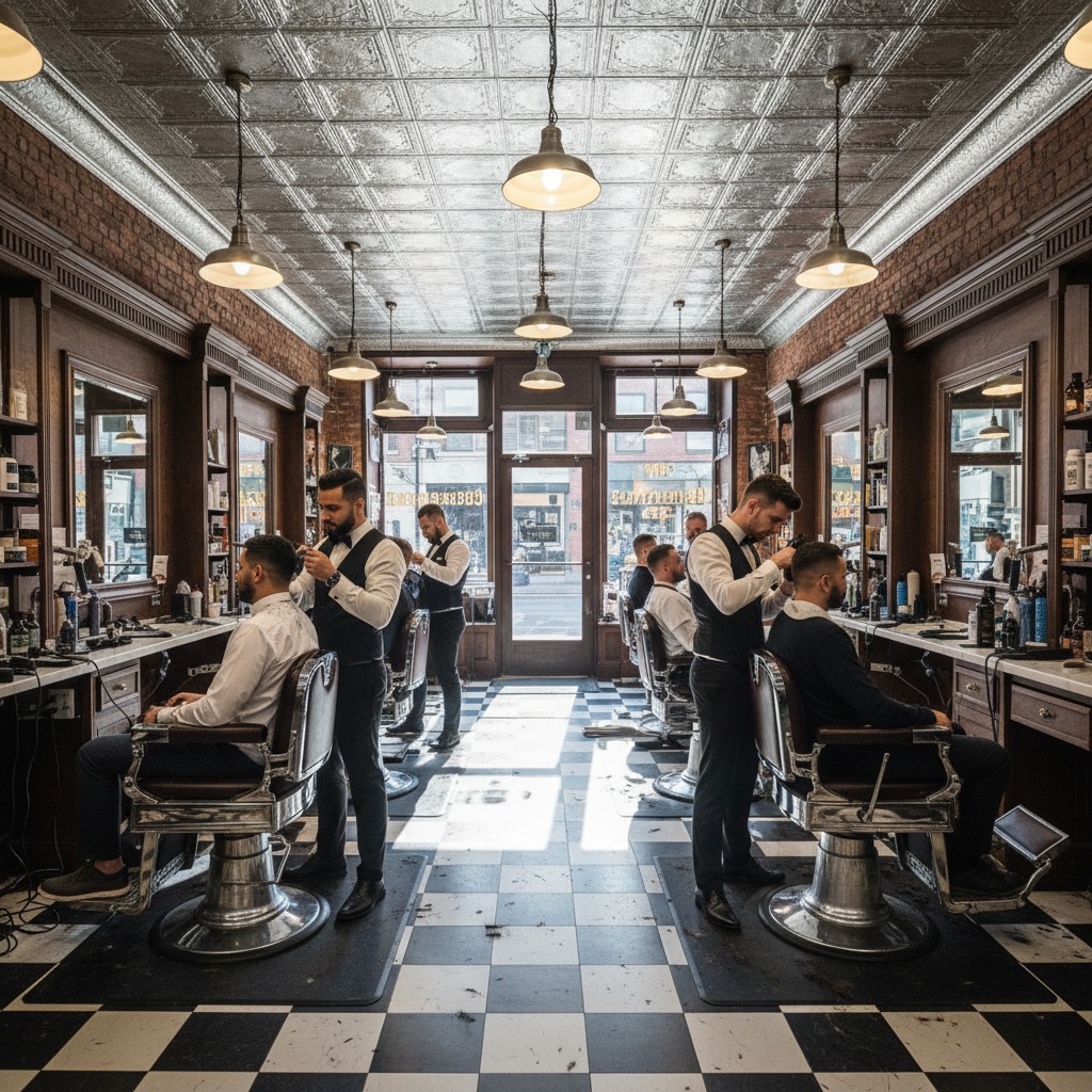 Barbers work on clients seated in vintage chairs inside a shop with a checkered floor, brick walls, and pressed tin ceiling.