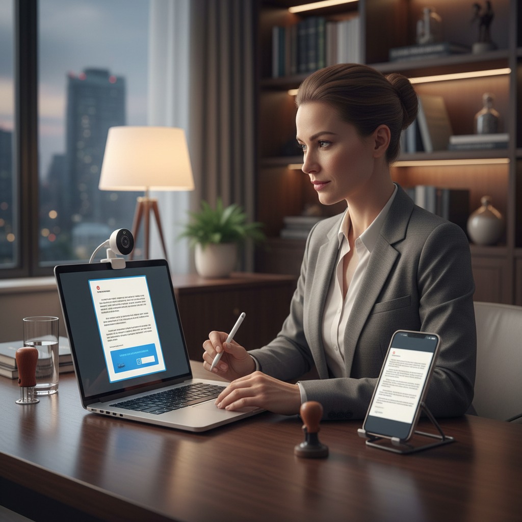 A professional woman in a grey suit sits at a wooden desk, working on a laptop displaying a document while holding a stylus.