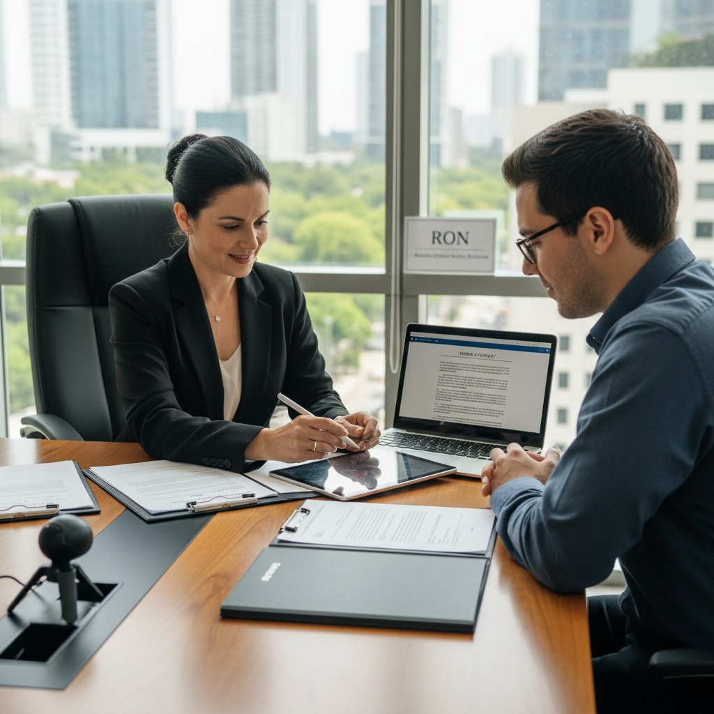 A business professional in a black blazer helps a client review documents at a conference table with city views in the background.