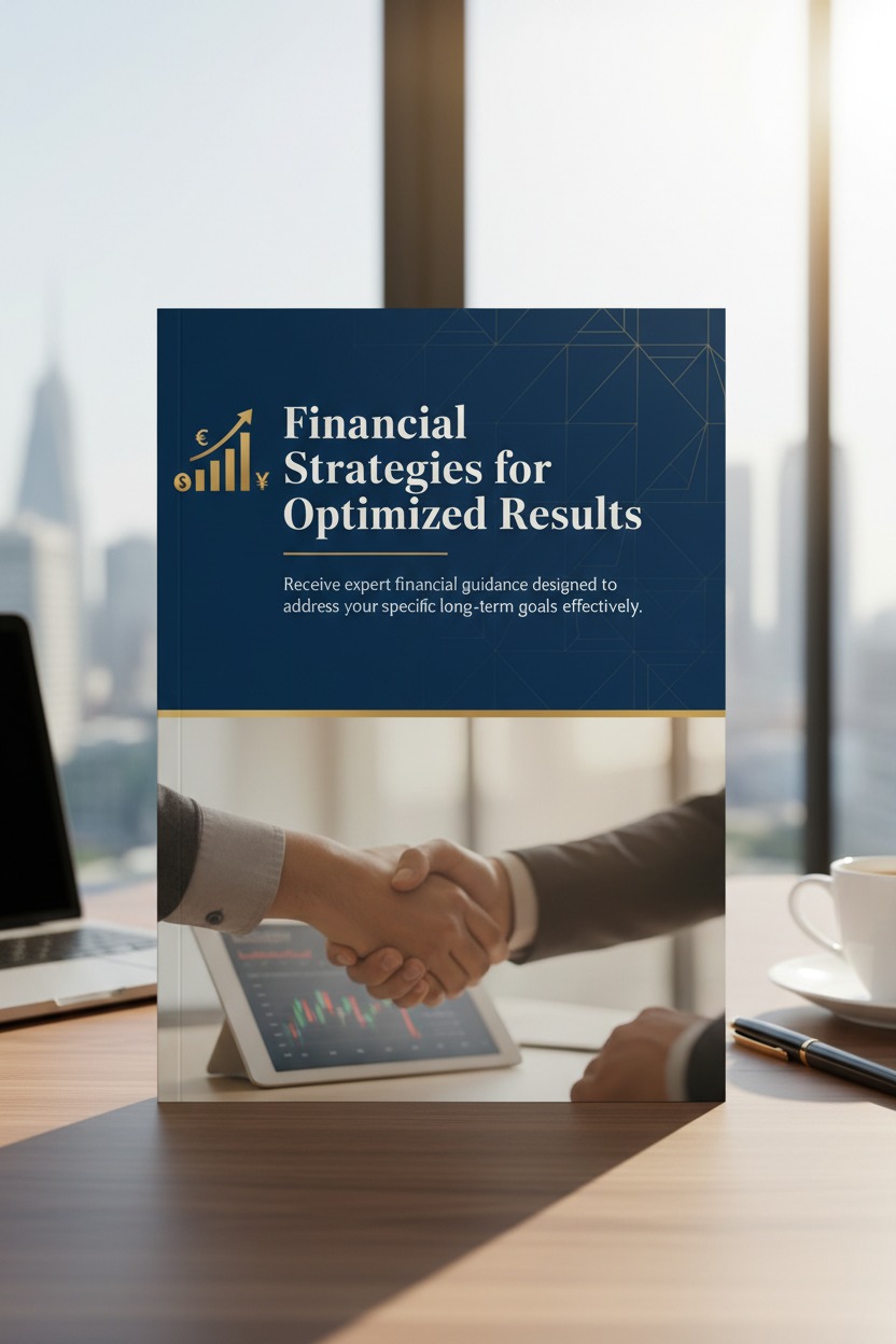 A booklet with the title "Financial Strategies for Optimized Results" rests on a wooden office desk in front of a window with a city view.