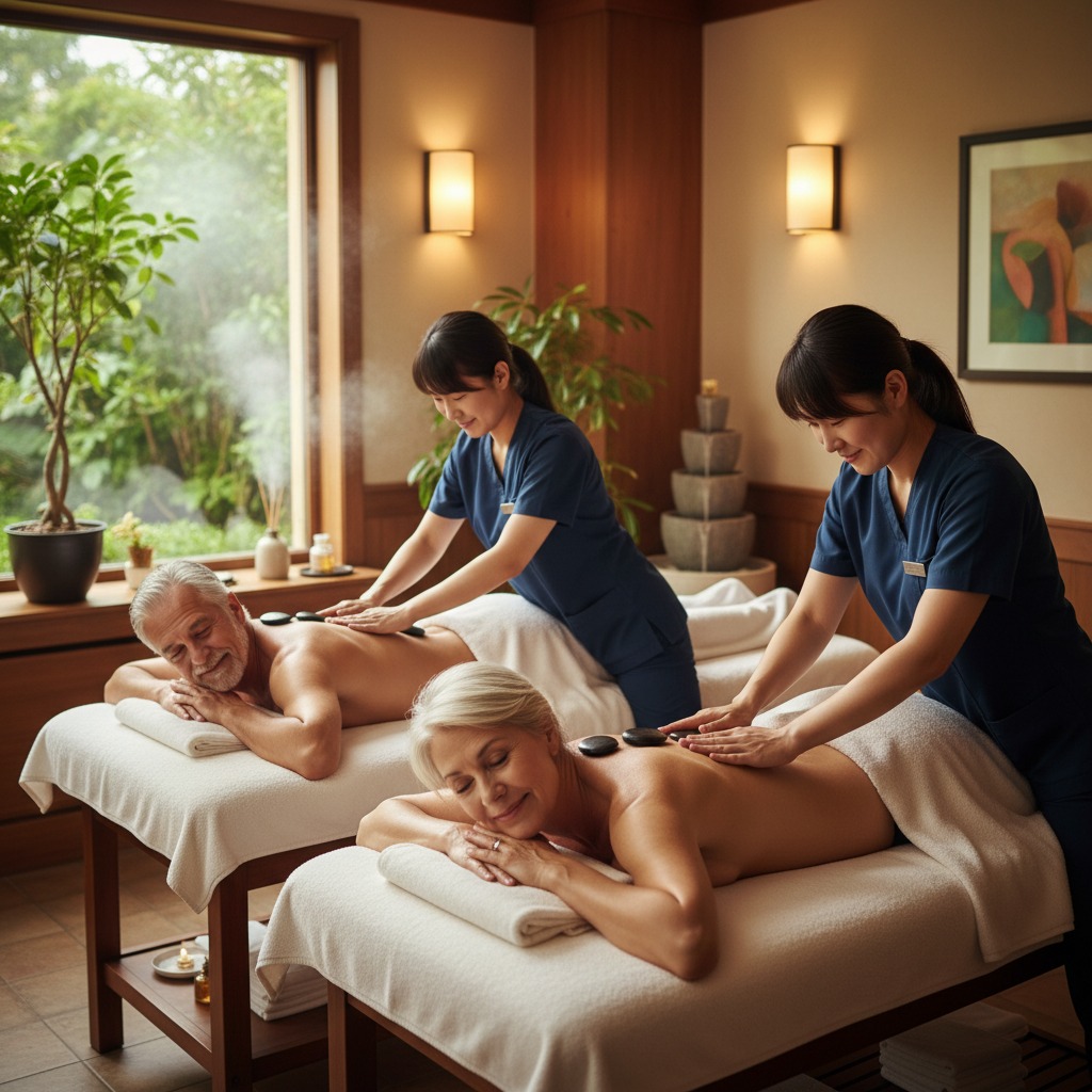 Two massage therapists give hot stone massages to an older couple lying on treatment tables in a sunlit spa room.