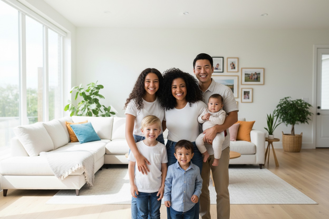 A diverse family of six poses smiling together in the living room of their modern home.